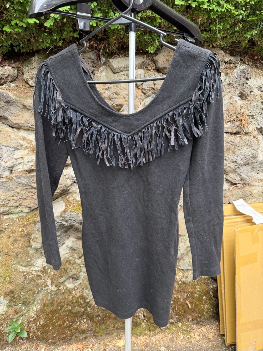 Vintage Black Fringe  Long Sleeve Dress
